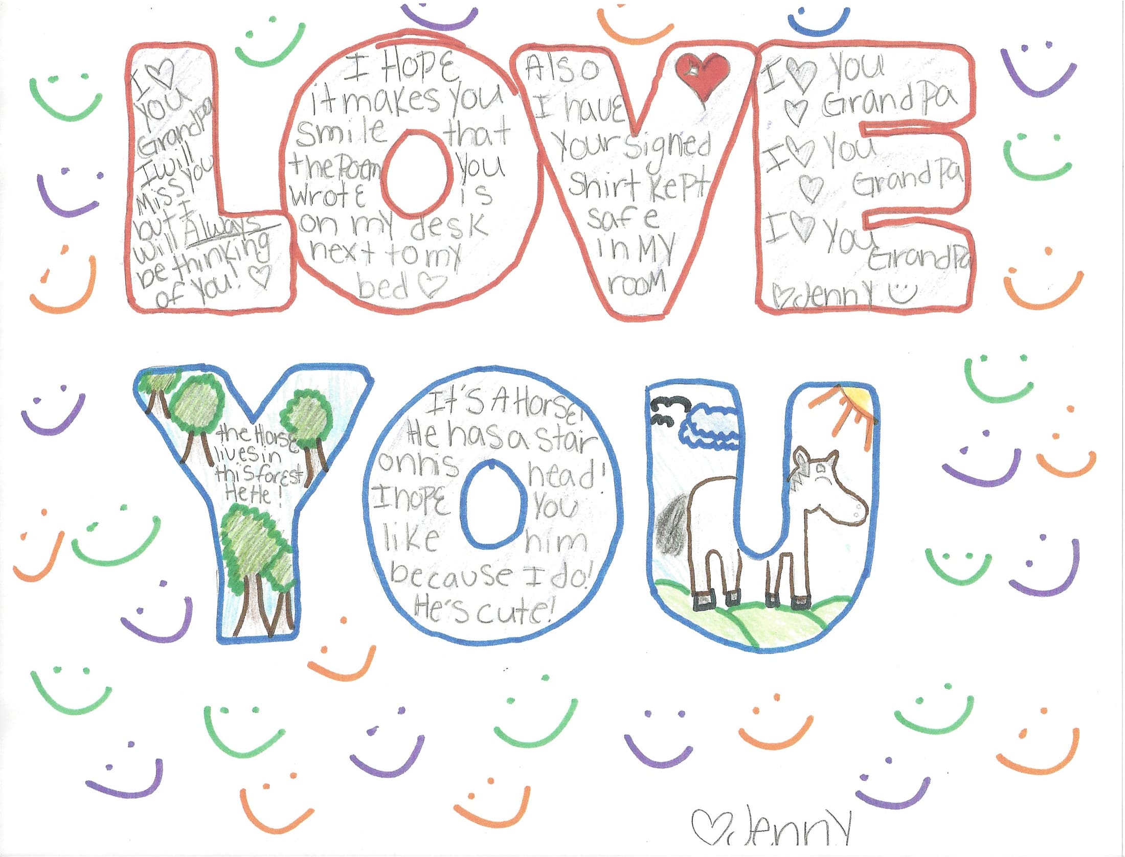 A drawing of the words love you written in different letters.
