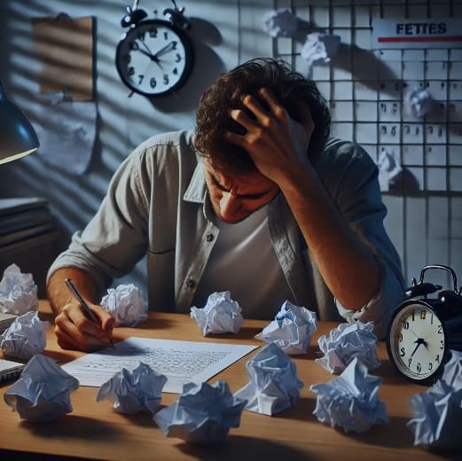 Letter writing over time A man sitting at a table with papers and clocks