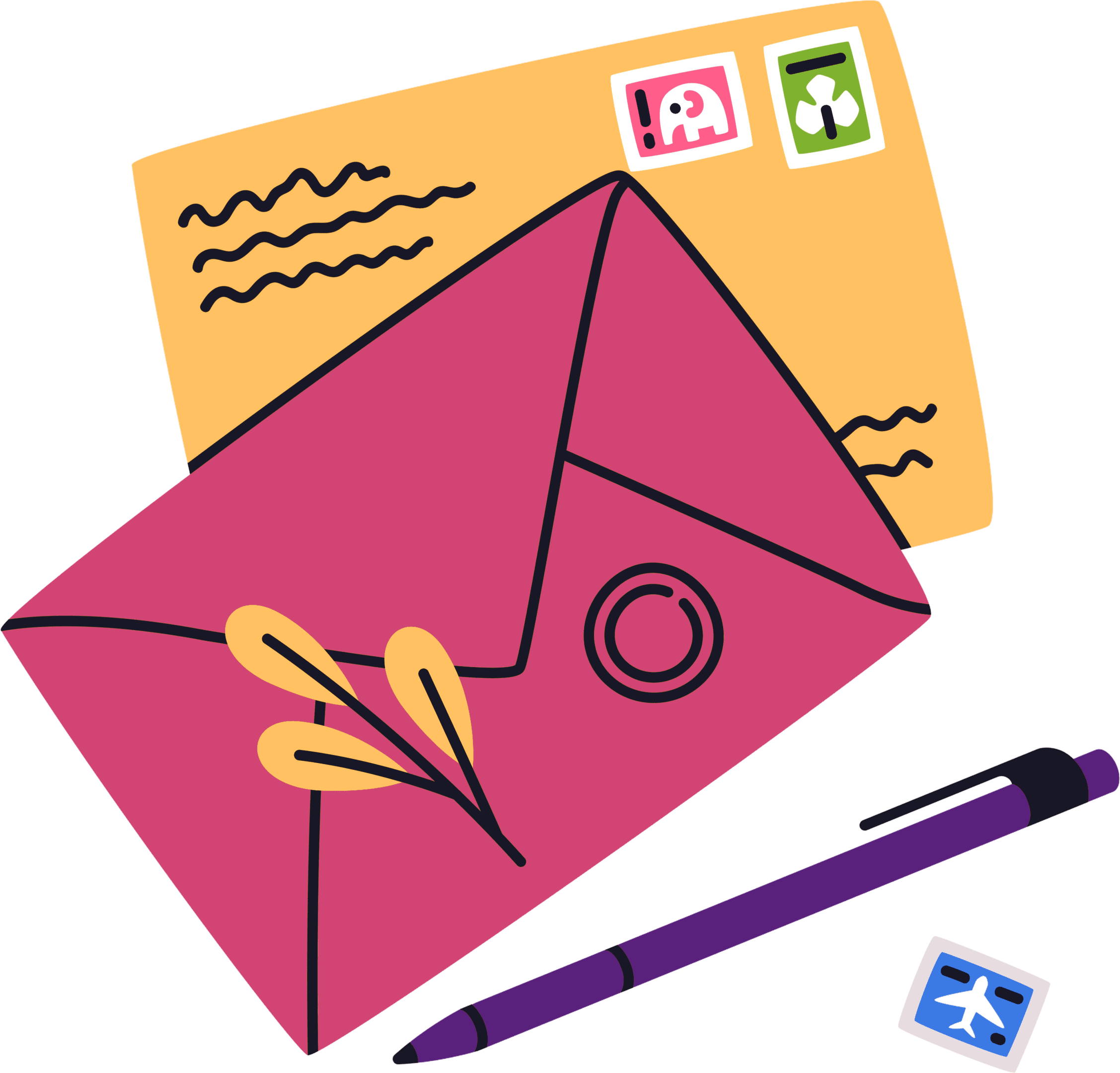 GettyImages-2176207455 A pink envelope and some stamps on top of a green background