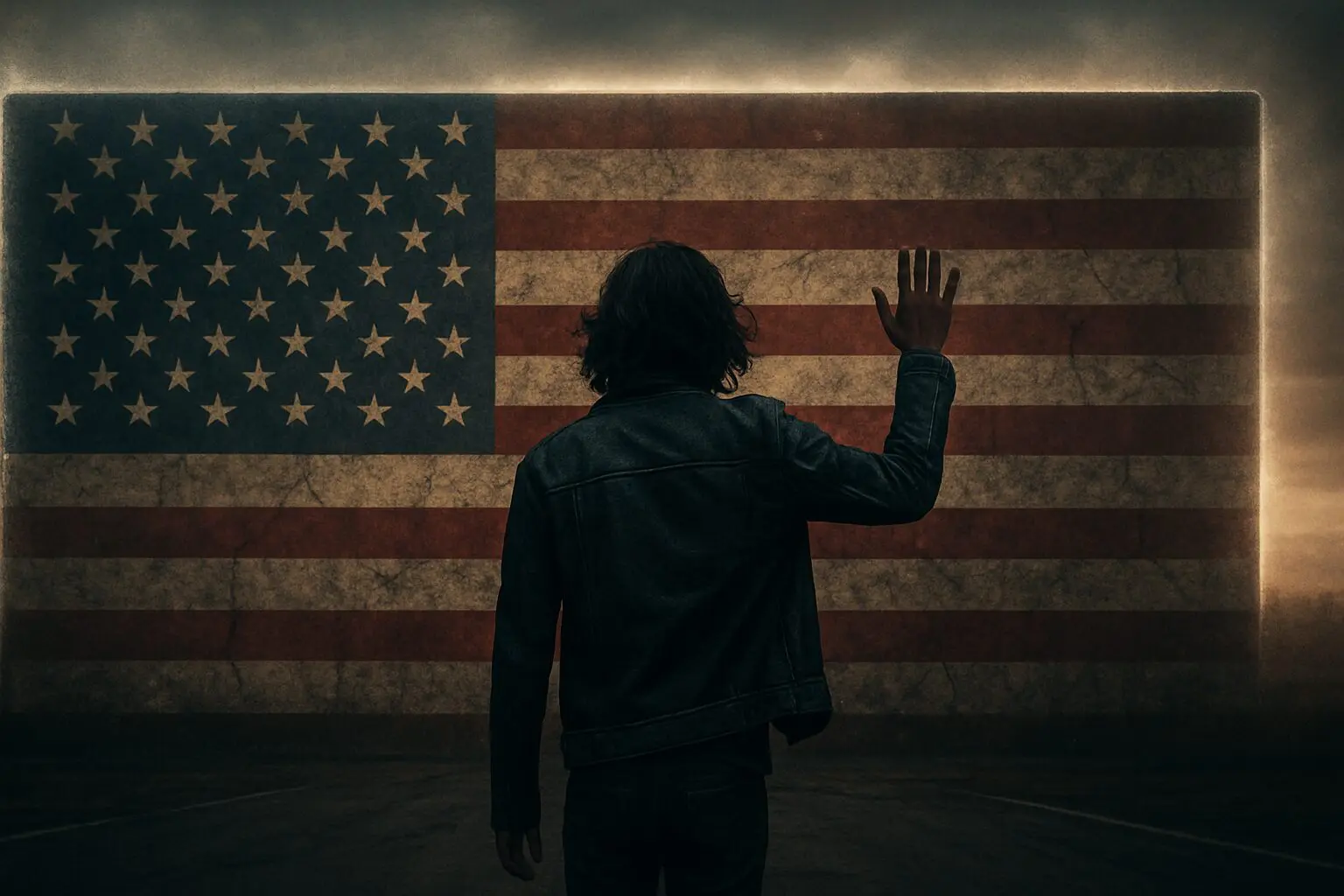 Person facing large illuminated American flag. Person facing large illuminated American flag.